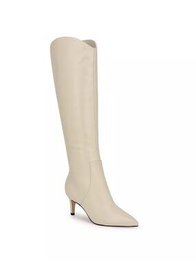 Nine West- Sirena Cream Knee-High Pointed Toe Kitten Heel Boots